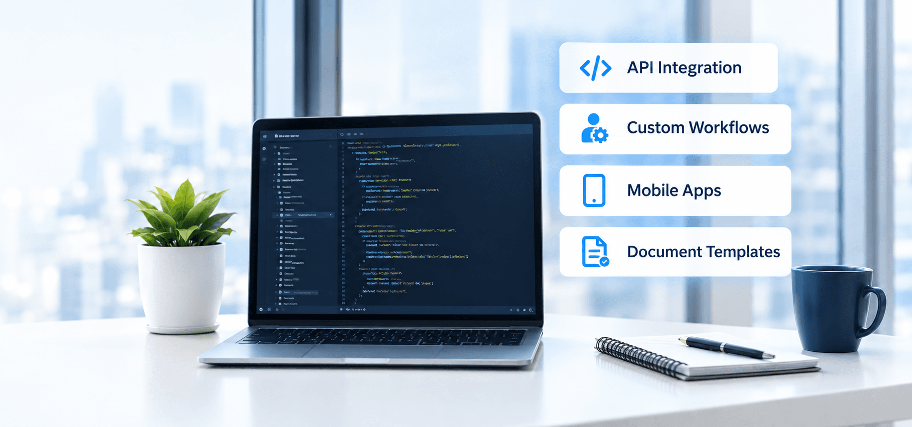 Developer workspace showing Velox API integration, custom workflows, mobile apps and document templates
